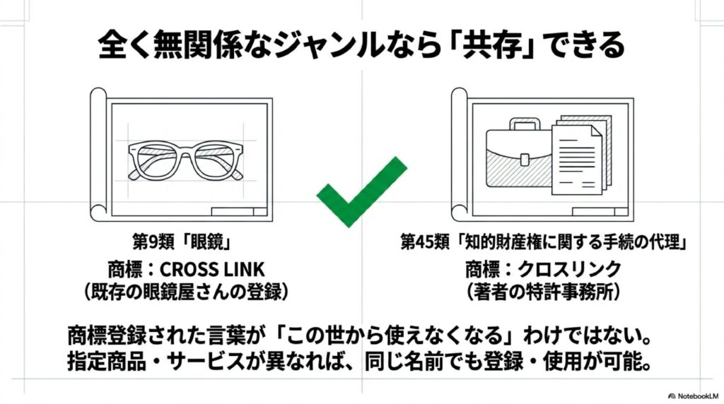「全く無関係なジャンルなら『共存』できる」と題した図解。第9類「眼鏡」のCROSS LINK(眼鏡屋)と、第45類「知的財産権に関する手続の代理」のクロスリンク(著者の特許事務所)が並び、区分が違えば同じ名前でも共存可能であることを示す。
