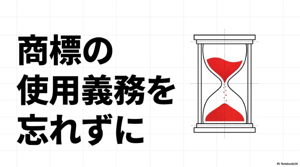 セクション見出しのスライド。「商標の使用義務を忘れずに」というメッセージと、砂が落ちる赤い砂時計のイラスト。商標の使用義務には期限的な意味合いがあることを暗示。