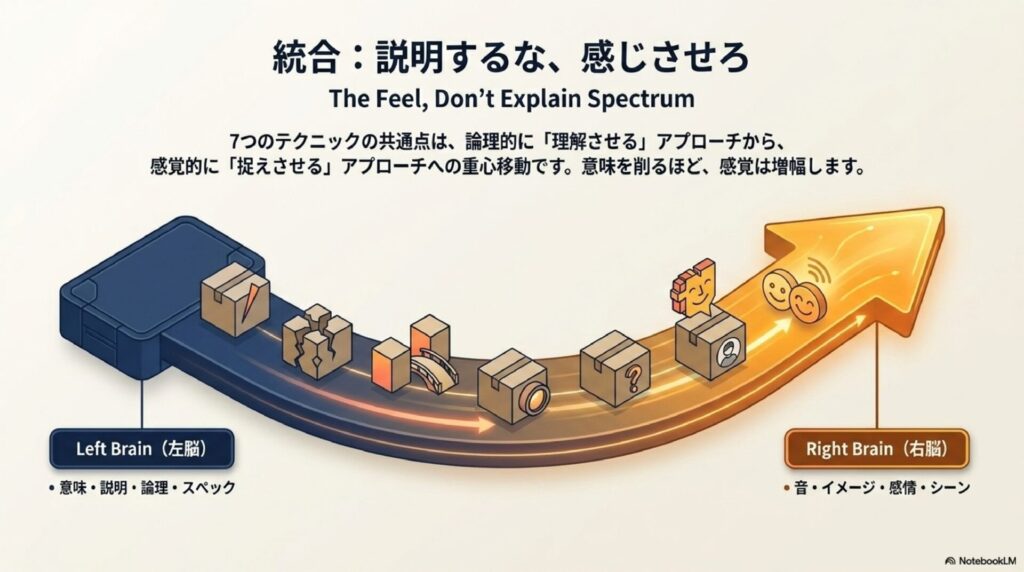 （統合：説明するな、感じさせろ）
「統合：説明するな、感じさせろ」「The Feel, Don't Explain Spectrum」と題したスライド。「7つのテクニックの共通点は、論理的に『理解させる』アプローチから、感覚的に『捉えさせる』アプローチへの重心移動。意味を削るほど感覚は増幅する」という説明付き。左側のLeft Brain（左脳）には「意味・説明・論理・スペック」、右側のRight Brain（右脳）には「音・イメージ・感情・シーン」が対比されており、左脳から右脳へ向かう大きな上昇矢印で方向性を示している。