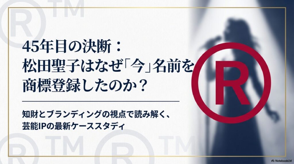 ステージでマイクを持つ女性歌手のシルエットと、赤い大きな登録商標（R）マークが配置された背景に、「45年目の決断：松田聖子はなぜ『今』名前を商標登録したのか？ 知財とブランディングの視点で読み解く、芸能IPの最新ケーススタディ」というタイトルが書かれたスライド画像