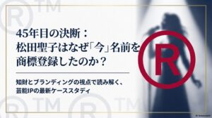 ステージでマイクを持つ女性歌手のシルエットと、赤い大きな登録商標（R）マークが配置された背景に、「45年目の決断：松田聖子はなぜ『今』名前を商標登録したのか？ 知財とブランディングの視点で読み解く、芸能IPの最新ケーススタディ」というタイトルが書かれたスライド画像