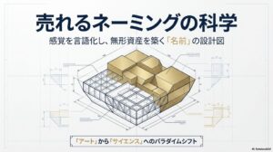 売れるネーミングの科学：感覚を言語化し、無形資産を築く『名前』の設計図」と書かれたタイトル画像。中央には寸法線が引かれた立体的なブロックの図面が描かれ、下部には「『アート』から『サイエンス』へのパラダイムシフト」と記載されている