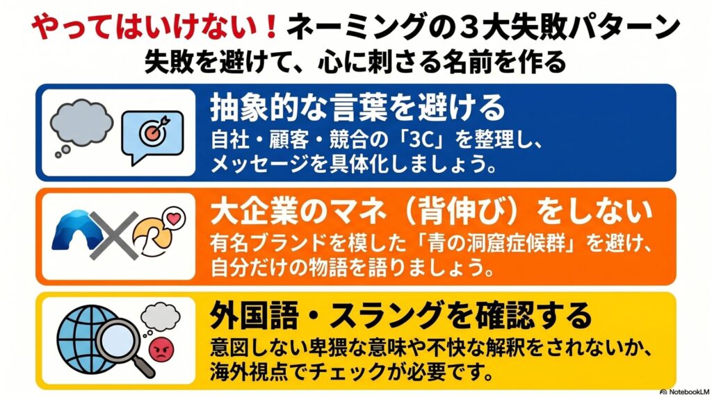 「やってはいけない!ネーミングの3大失敗パターン。失敗を避けて、心に刺さる名前を作る」と題した図解。3つの色分けされたボックスで構成されている。青いボックス:「抽象的な言葉を避ける。自社・顧客・競合の『3C』を整理し、メッセージを具体化しましょう」。オレンジのボックス:「大企業のマネ(背伸び)をしない。有名ブランドを模した『青の洞窟症候群』を避け、自分だけの物語を語りましょう」。黄色のボックス:「外国語・スラングを確認する。意図しない卑猥な意味や不快な解釈をされないか、海外視点でチェックが必要です」。