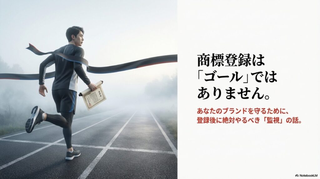 記事のアイキャッチ画像。左側に、ゴールテープを切った瞬間のランナーが描かれているが、テープの先には霧のかかった道がまだ続いており、ランナーは商標登録証（巻物状）を手にしたまま走り続けている。「ゴールだと思った地点が、実はスタートだった」ことを表現。右側に大きく「商標登録は『ゴール』ではありません。」、その下に赤字で「あなたのブランドを守るために、登録後に絶対やるべき『監視』の話。」と記載。NotebookLMで作成。