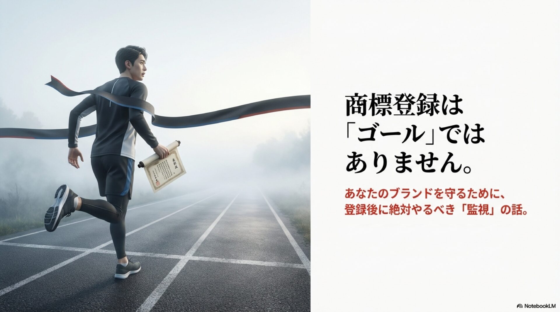 記事のアイキャッチ画像。左側に、ゴールテープを切った瞬間のランナーが描かれているが、テープの先には霧のかかった道がまだ続いており、ランナーは商標登録証(巻物状)を手にしたまま走り続けている。「ゴールだと思った地点が、実はスタートだった」ことを表現。右側に大きく「商標登録は『ゴール』ではありません。」、その下に赤字で「あなたのブランドを守るために、登録後に絶対やるべき『監視』の話。」と記載。NotebookLMで作成。