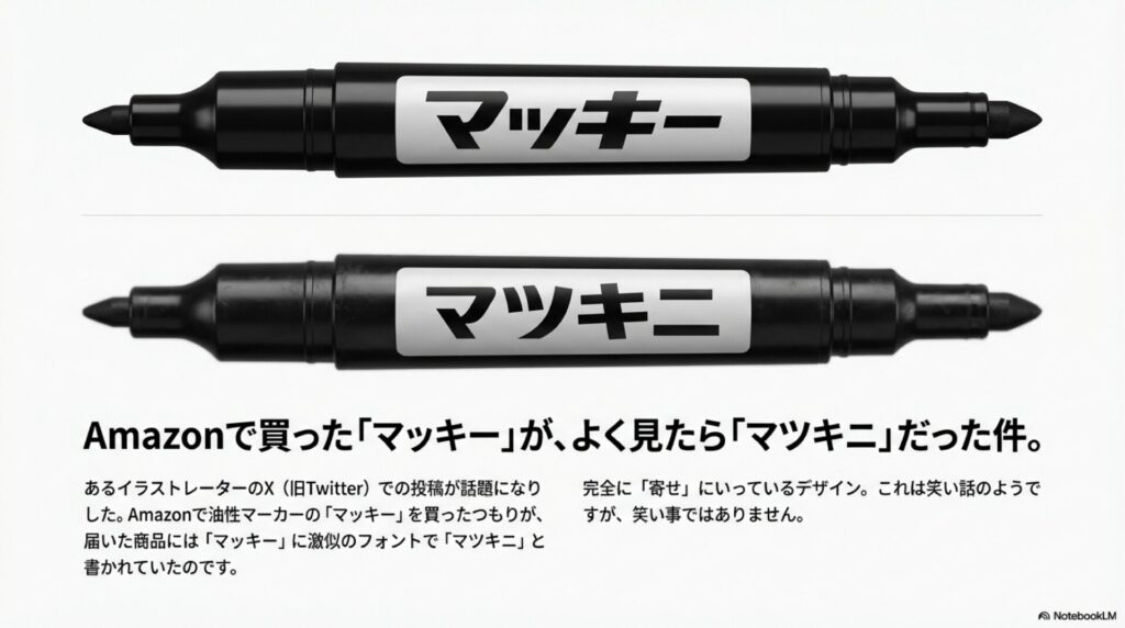 2本の黒い油性マーカーを上下に並べた比較画像。上は本物の「マッキー」、下は激似のフォントで「マツキニ」と書かれた模倣品。「Amazonで買った『マッキー』が、よく見たら『マツキニ』だった件」という見出しと、あるイラストレーターのX投稿で話題になった経緯の説明文付き。流行品への便乗・模倣のリスクを示す事例。NotebookLMで作成。