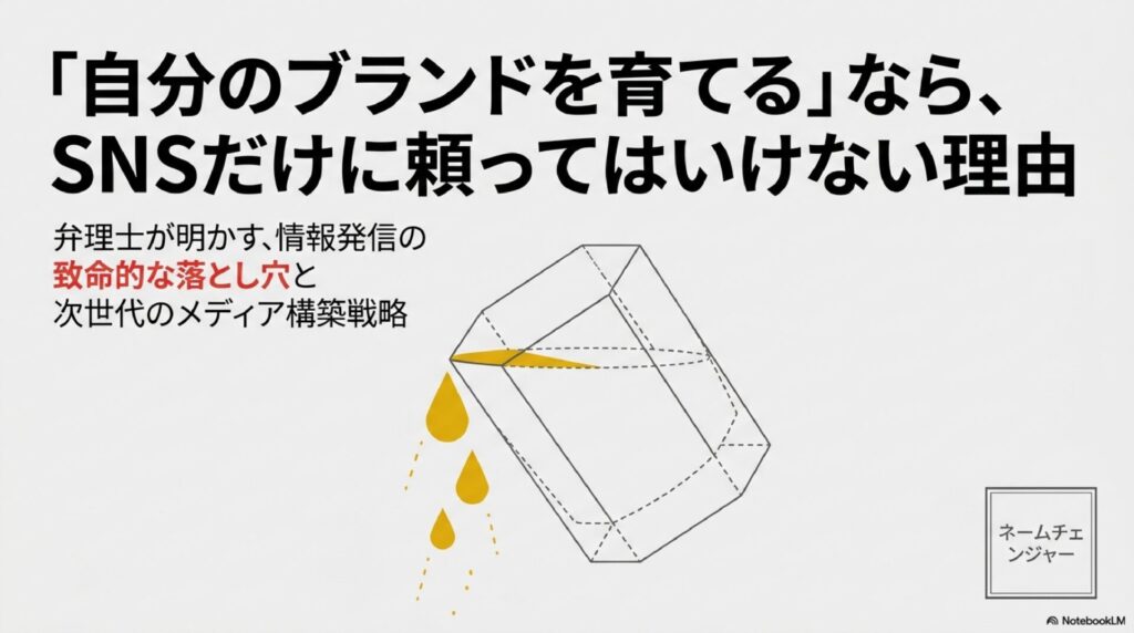 記事のアイキャッチ画像。メインタイトル「『自分のブランドを育てる』なら、SNSだけに頼ってはいけない理由」を大きく配置。サブタイトル「弁理士が明かす、情報発信の致命的な落とし穴と次世代のメディア構築戦略」（「致命的な落とし穴」が赤字で強調）。右側に線画で描かれた多角形の壺があり、フタの隙間から金色の雫が3滴漏れ落ちている様子で、SNSという借り物の壺から信用が漏れていくイメージを表現。右下に「ネームチェンジャー」のロゴ。NotebookLMで作成。
