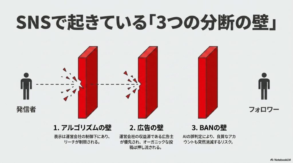 
「SNSで起きている『3つの分断の壁』」と題した図解。左端に「発信者」、右端に「フォロワー」の人型シルエット。その間に3枚の赤い分厚い壁が並んでおり、発信者から送られる情報（点線）が壁にぶつかって砕ける様子が描かれている。各壁の説明は、「1.アルゴリズムの壁：表示は運営会社の制御下にあり、リーチが制限される」「2.広告の壁：運営会社の収益源である広告主が優先され、オーガニックな投稿は押し流される」「3.BANの壁：AIの誤判定により、良質なアカウントも突然消滅するリスク」。NotebookLMで作成。