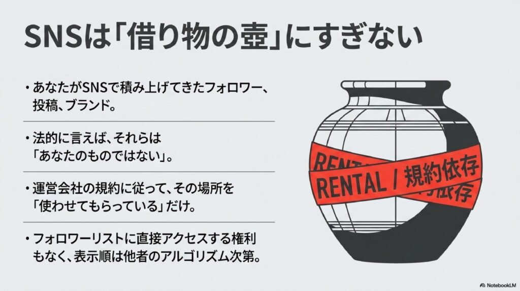 
「SNSは『借り物の壺』にすぎない」と題した図解。右側に大きな線画の壺があり、その中央に「RENTAL／規約依存」と書かれた赤いテープがクロスして貼られている。左側に4つの箇条書き：「あなたがSNSで積み上げてきたフォロワー、投稿、ブランド」「法的に言えば、それらは『あなたのものではない』」「運営会社の規約に従って、その場所を『使わせてもらっている』だけ」「フォロワーリストに直接アクセスする権利もなく、表示順は他者のアルゴリズム次第」。NotebookLMで作成。