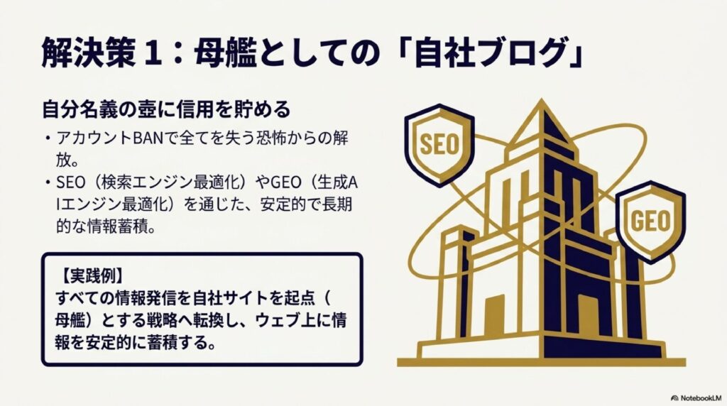 「解決策1：母艦としての『自社ブログ』」と題した図解。右側に金と紺で描かれた堅牢な近代建築のイラストがあり、それを「SEO」と「GEO」のロゴが入った2つの盾が周回・守護している様子。左側に「自分名義の壺に信用を貯める」という見出しと2つのポイント：「アカウントBANで全てを失う恐怖からの解放」「SEO（検索エンジン最適化）やGEO（生成AIエンジン最適化）を通じた、安定的で長期的な情報蓄積」。さらに【実践例】として「すべての情報発信を自社サイトを起点（母艦）とする戦略へ転換し、ウェブ上に情報を安定的に蓄積する」。NotebookLMで作成。