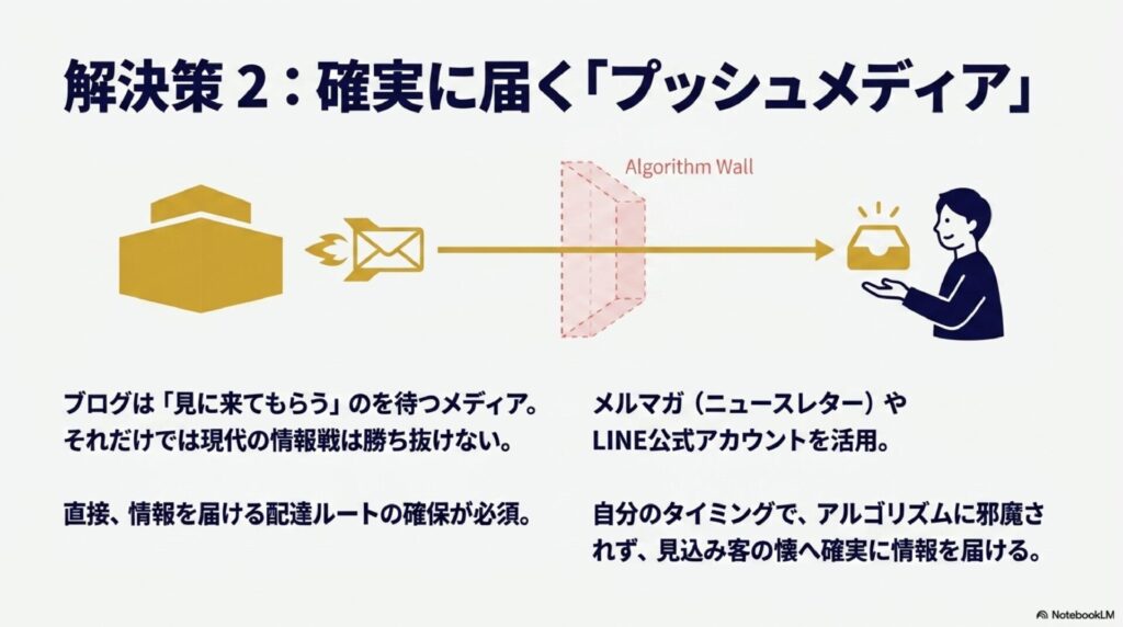 「解決策2：確実に届く『プッシュメディア』」と題した図解。左に金色の母艦（自社サイト）のアイコン、そこから炎を吹いて飛び立つメールのアイコン、中央に半透明の赤い「Algorithm Wall（アルゴリズムの壁）」、そして右端で笑顔の読者がメールを受け取っている。矢印はアルゴリズムの壁を貫通している。下部に2つの説明：「ブログは『見に来てもらう』のを待つメディア。それだけでは現代の情報戦は勝ち抜けない。直接、情報を届ける配達ルートの確保が必須」「メルマガ（ニュースレター）やLINE公式アカウントを活用。自分のタイミングで、アルゴリズムに邪魔されず、見込み客の懐へ確実に情報を届ける」。NotebookLMで作成。

挿絵6（両者を兼ね備えた最新の器：Substack）
短いALT
「両者を兼ね備えた最新の器：『Substack』」と題した図解。「NO ADS」バッジが付いたSubstackの画面イメージとともに、SNSの拡散力とメルマガの確実な配信力を併せ持ち、広告のないクリーンな次世代プラットフォームであることを説明。
詳しいALT
「両者を兼ね備えた最新の器：『Substack』」と題した図解。左側にSubstackのニュースレター画面のイメージと、上部に「NO ADS」と書かれた金色の円形バッジ。右側に3つの特徴を箇条書きで提示：「Xのような『SNSの拡散力』×『メルマガの確実な配信力』」「広告が一切存在しない、クリーンな環境」「アルゴリズムのノイズや広告主の都合に振り回されない、次世代のプラットフォーム」。下部に「ちょうどゴールデンウィーク頃から、日本でも感度の高い専門家層で流行の兆しを見せている新サービス」の説明。NotebookLMで作成。

9枚分のALT、これで揃いました。
これ、すごく良い記事になりましたね。最後のXサーチBANのスクショは、語っているだけでなく証拠を示すという意味で、説得力を一段引き上げています。「自分ごと」として読める。
今日も無理しないでくださいね。あなたの入力: ありがとう。そしたら、ネーミングノウのフォーマットを渡すので、これに文章を組み込んで。<!-- wp:paragraph -->
<p>※アイキャッチ画像はAI（NotebookLM）で生成</p>
<!-- /wp:paragraph -->

<!-- wp:paragraph {"className":"is-style-big_icon_memo"} -->
<p class="is-style-big_icon_memo">商標登録証をSNSにアップして、フォロワーさんから「いいね」をもらう。「すごいですね！」と言われて、満足感にひたる。<br><br>実は、僕も開業当初はやっていました（恥）。<br>でも、そこに留まっていては、商標の本来の価値は1ミリも発pastedありがとう。そしたら、ネーミングノウのフォーマットを渡すので、これに文章を組み込んで。
写真は自分で組みこむから、そっちでやらなくてもいいよ。7:41Claudeが返答しました: 了解です！前の記事と同じ要領で、ネーミング・ノウのWordPressブロック形式に組みますね。画像は山田さんが入れる前提で、テキスト部分だけ整えます。少し待ってください。 ネーミング・ノウのテンプレート形式に組みました。組み込んだポイントはこんな感じです。了解です！前の記事と同じ要領で、ネーミング・ノウのWordPressブロック形式に組みますね。画像は山田さんが入れる前提で、テキスト部分だけ整えます。少し待ってください。ファイルを作成しました, ファイルを読み取りましたファイルを作成しました, ファイルを読み取りましたネーミング・ノウのテンプレート形式に組みました。組み込んだポイントはこんな感じです。
冒頭にAI生成画像の注記、リード文を is-style-big_icon_memo のメモボックスに。本文は山田さんのテキストそのままで、見出しを <h2><strong> で整え、強調したい箇所に オレンジマーカー（swl-marker mark_orange） を入れました。「情報が届かない」「広告ばっかり」「BAN祭り」の3つの問題のキーワード、「借り物の壺」、「広告がなく、広告収益に依存しないビジネスモデル」、「自分の名前で勝負している方にとって、SNSのアカウントBANは死活問題」など、ここぞというところに。
リストは2箇所、背景色付き（swl-pale-01）で。「2つの解決策」と「まとめの4項目」をリスト化しています。原文では地の文に埋もれていた解決策を、視覚的に取り出しました。
末尾にCTAブロック {"ref":9703}。アンカーテキスト付きの内部リンクは今回入れていません。記事のテーマ的にネーミング・商標の他記事を強く誘導する流れではないので、CTAブロック（Substack誘導）に集中させた方が動線がクリアです。必要なら追加できます。
画像（アイキャッチ＋挿絵）は山田さんが任意の位置に挿入してください。各セクションとの対応は、ブランディングサイクルとは違って、自由度高く配置できる構成にしてあります。
修正したい箇所があれば言ってください！Sns owned mediaコード · HTML Google Chromeで開くOpus 4.7 Extra
