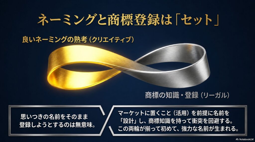金(ネーミング)と銀(商標)のメビウスの輪。「ネーミングと商標登録はセット」の図