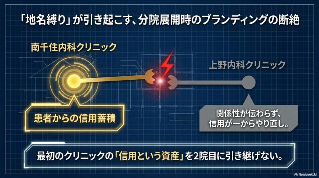 地名縛りで分院に信用を引き継げないことを示す図
