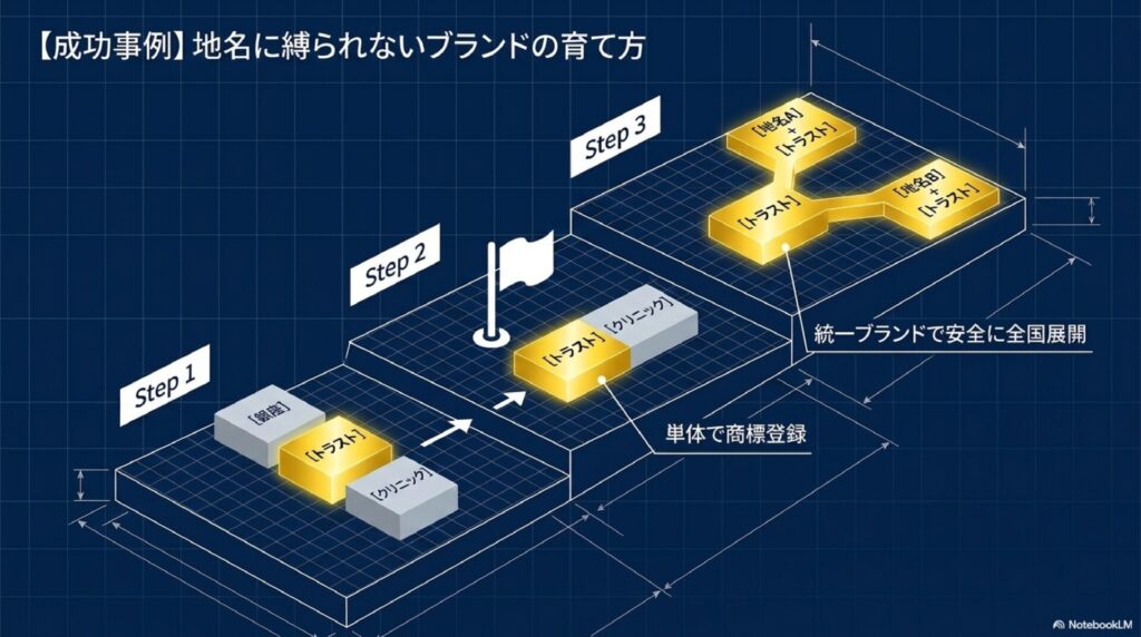 地名に縛られないブランドの育て方を示す3ステップ図
