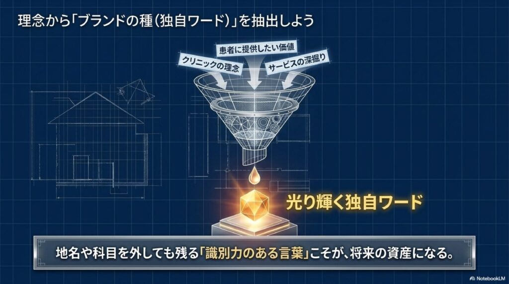 理念から独自ワードを抽出する考え方を示す図