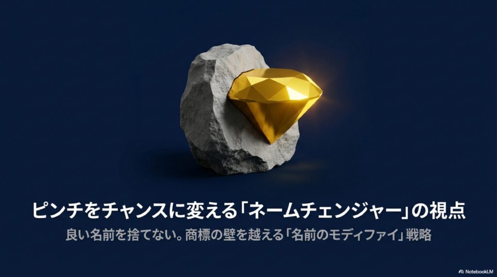 原石から現れた金のダイヤと、タイトル「ピンチをチャンスに変えるネームチェンジャーの視点」のアイキャッチ