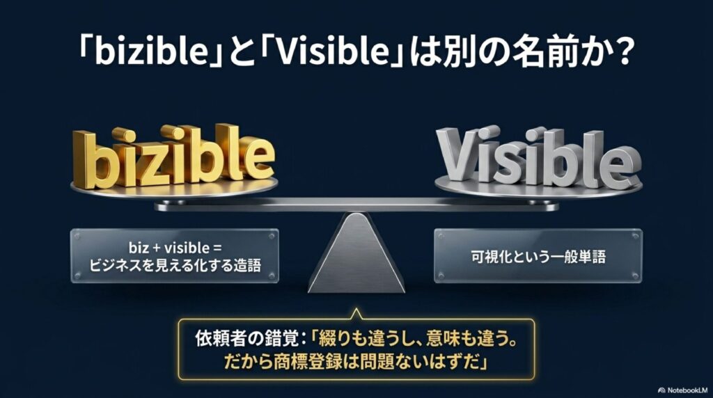 天秤に乗った金のbizibleと銀のVisible。「別の名前か?」と問う図