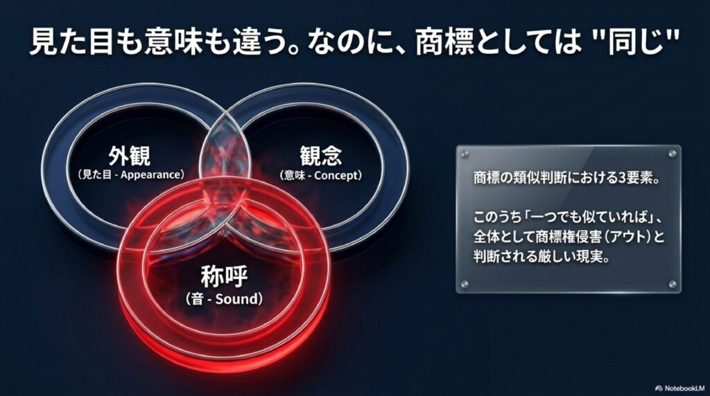外観・観念・称呼の3つの輪で、称呼(音)が赤く強調された商標類否の図