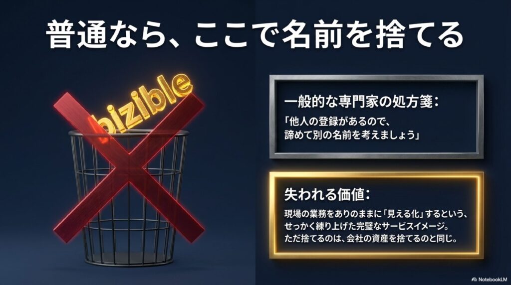 ゴミ箱に赤い×で捨てられる金色の「bizible」。普通ならここで名前を捨てる図