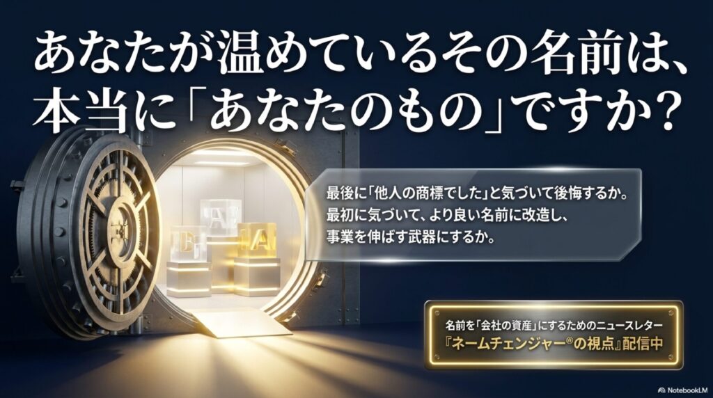 開いた金庫に輝く文字ブロック。「その名前は本当にあなたのものか」と問う図