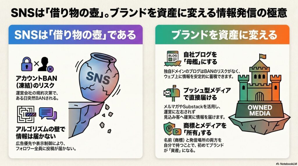 「SNSは『借り物の壺』。ブランドを資産に変える情報発信の極意」と題した2分割のまとめ図。左パネル「SNSは『借り物の壺』である」：崖から落下するヒビ割れた「SNS」と書かれた壺のイラストとともに、2つのリスクを提示。「アカウントBAN（凍結）のリスク：運営会社の規約次第で、ある日突然BANされる」「アルゴリズムの壁で情報は届かない：広告優先や表示制御により、フォロワー全員に投稿が届かない」。右パネル「ブランドを資産に変える」：浮島の上に建つ「OWNED MEDIA」と書かれた城のイラストとともに、3つの解決策を提示。「自社ブログを『母艦』にする：独自ドメインのブログはBANのリスクがなく、ウェブ上に情報を安定的に蓄積できます」「プッシュ型メディアで直接届ける：メルマガやSubstackを活用し、運営に左右されず見込み客へ確実に情報を届けます」「商標とメディアを『所有』する：名前（商標）と発信場所の両方を自分で持つことで、初めてブランドが『資産』になる」。NotebookLMで作成。